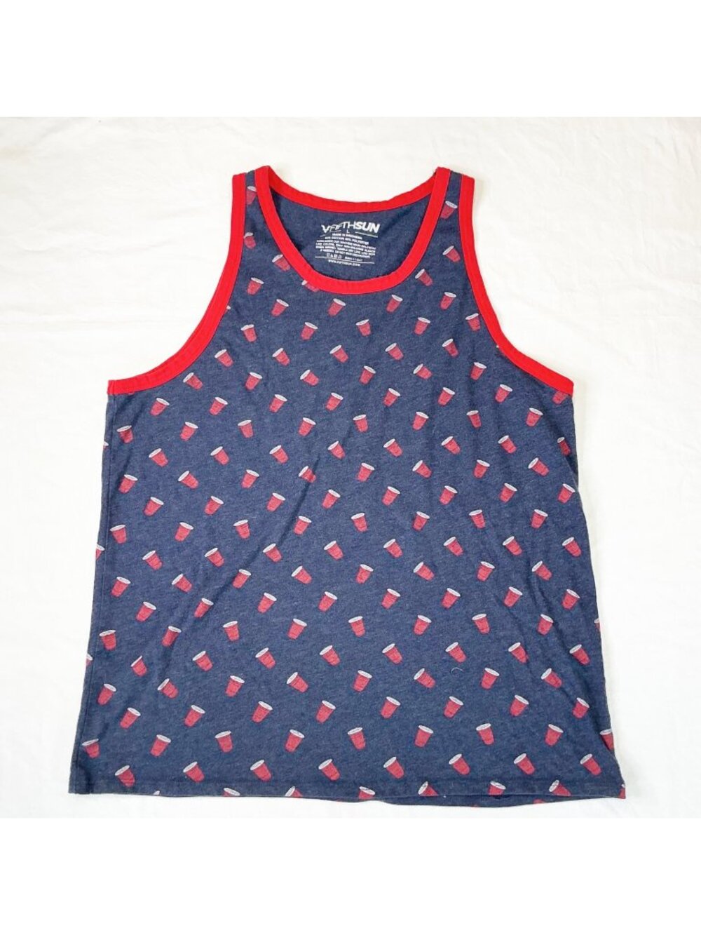 Fifth Sun Mens Navy Blue Tank Top With Red Solo Cup Pattern & Red Trim Large